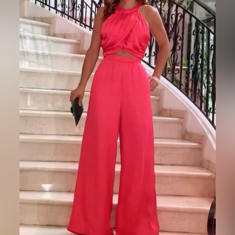 Pookie and Sebastian Two-Piece Halter Crop Top & Wide-Leg Pants Set